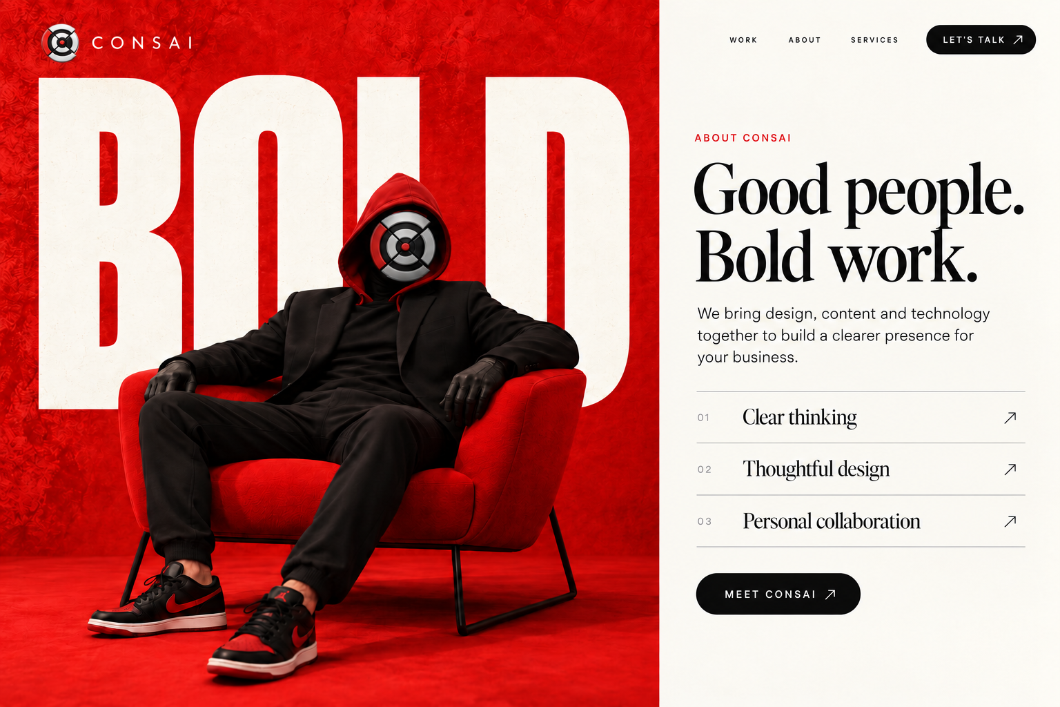Anonymous CONSAI brand character wearing a red hood and the CONSAI emblem mask, seated in a red chair in front of BOLD lettering.