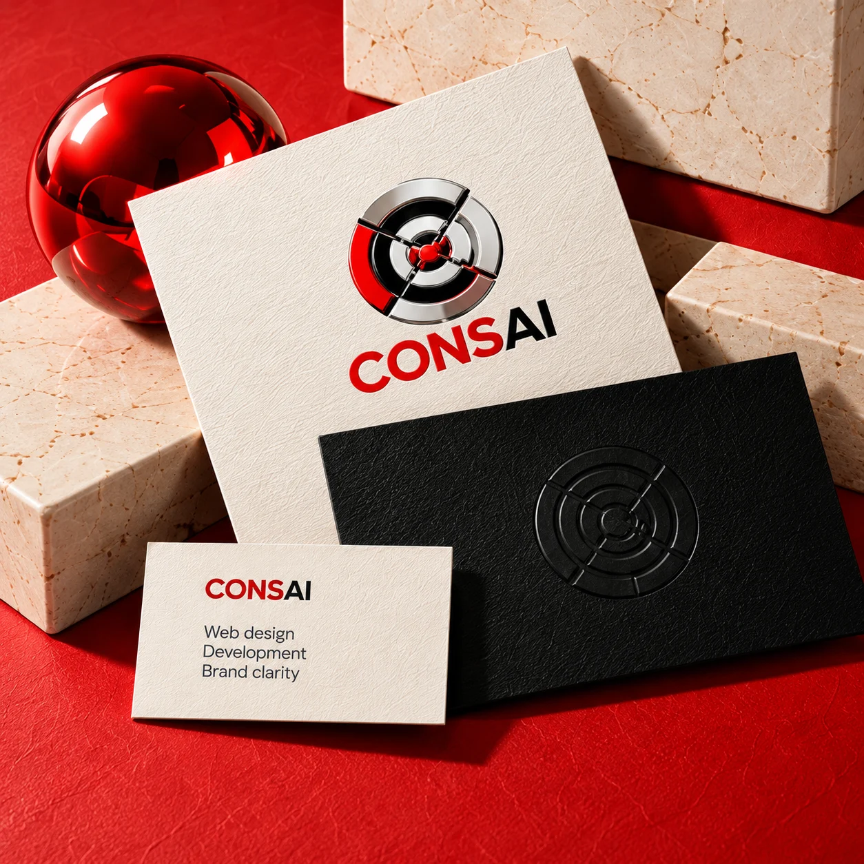 CONSAI branded stationery in red, ivory and black