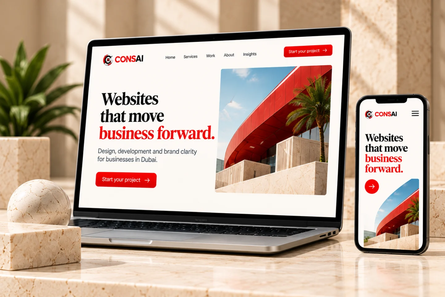 Illustrative CONSAI website concept displayed on laptop and phone