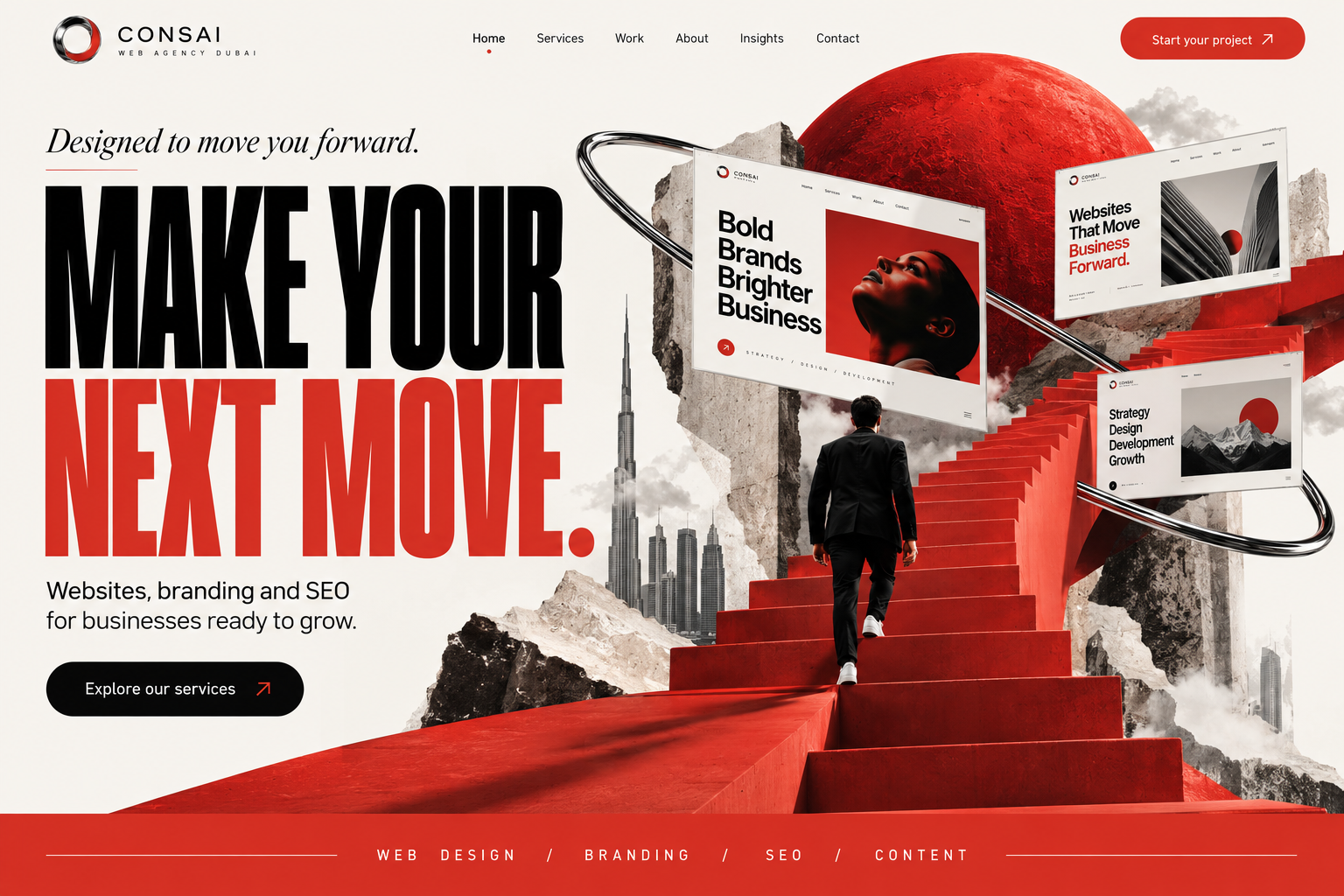 Red stairs towards floating website designs, a red planet and chrome rings above the Dubai skyline.