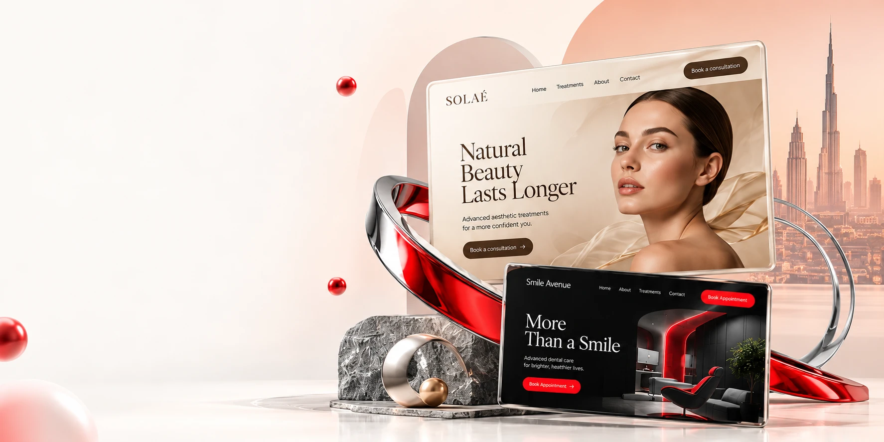 SOLAÉ and Smile Avenue website designs with CONSAI red and chrome brand graphics