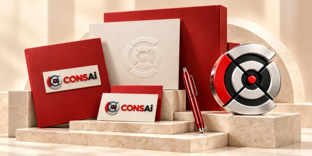 CONSAI red and ivory brand stationery