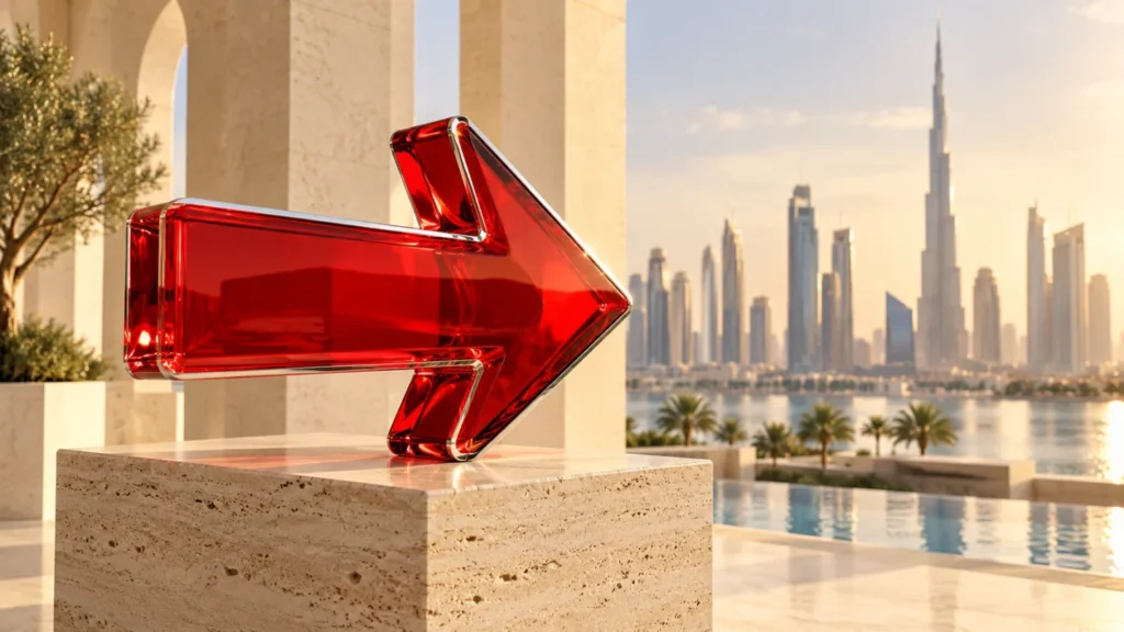 Red glass arrow on travertine, representing a clear next step