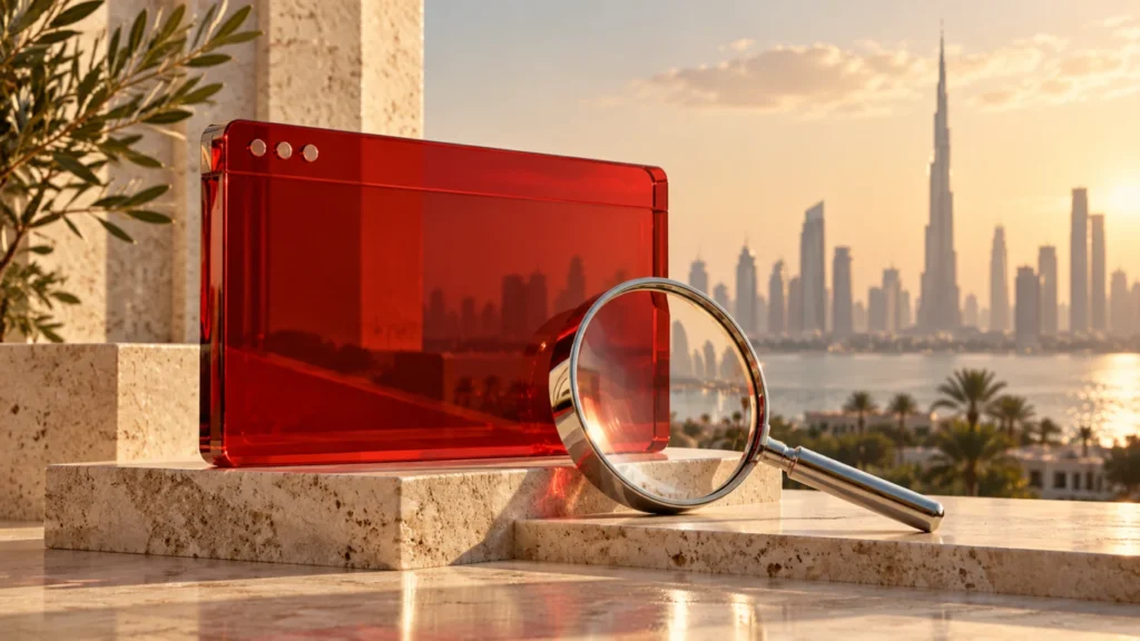 Red glass browser and chrome magnifying glass overlooking Dubai