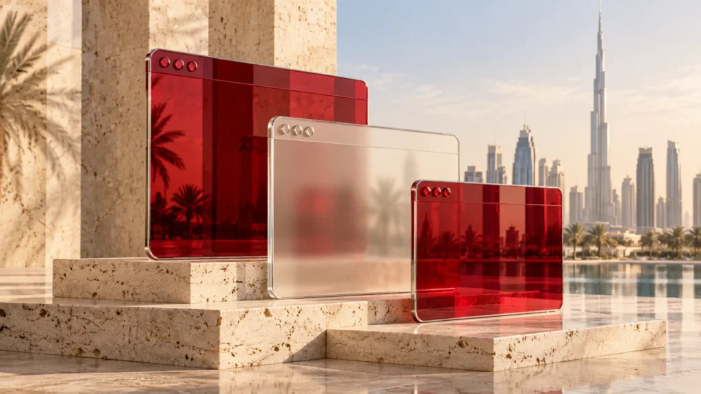 Layered red glass browser windows representing homepage structure