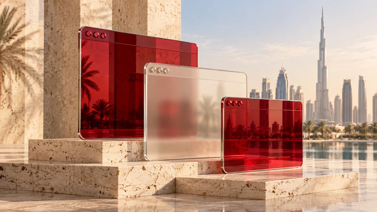 Layered red glass browser windows representing homepage structure