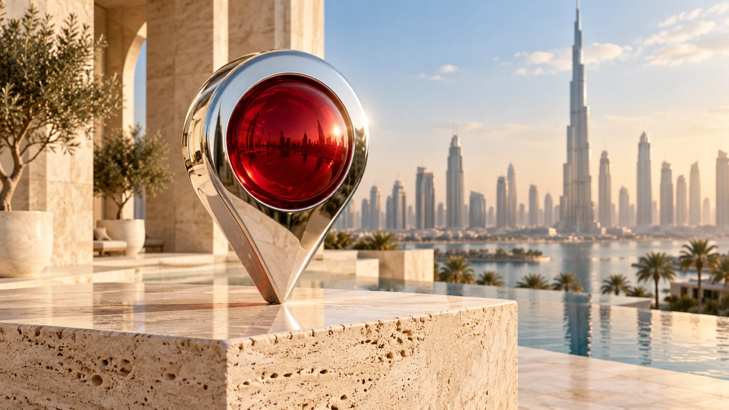 Chrome map pin with red glass centre overlooking Dubai