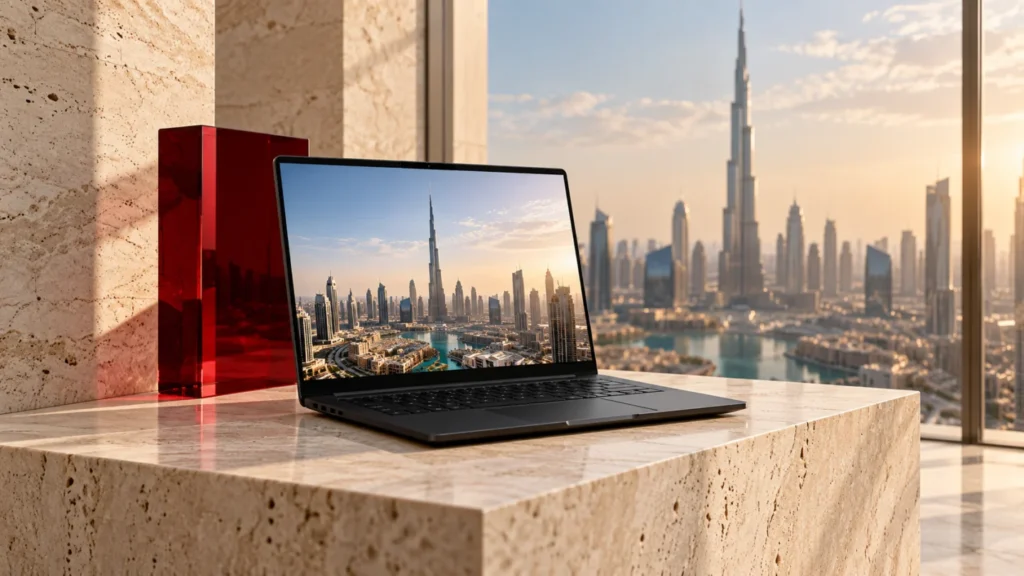 Laptop with Dubai skyline on a travertine desk