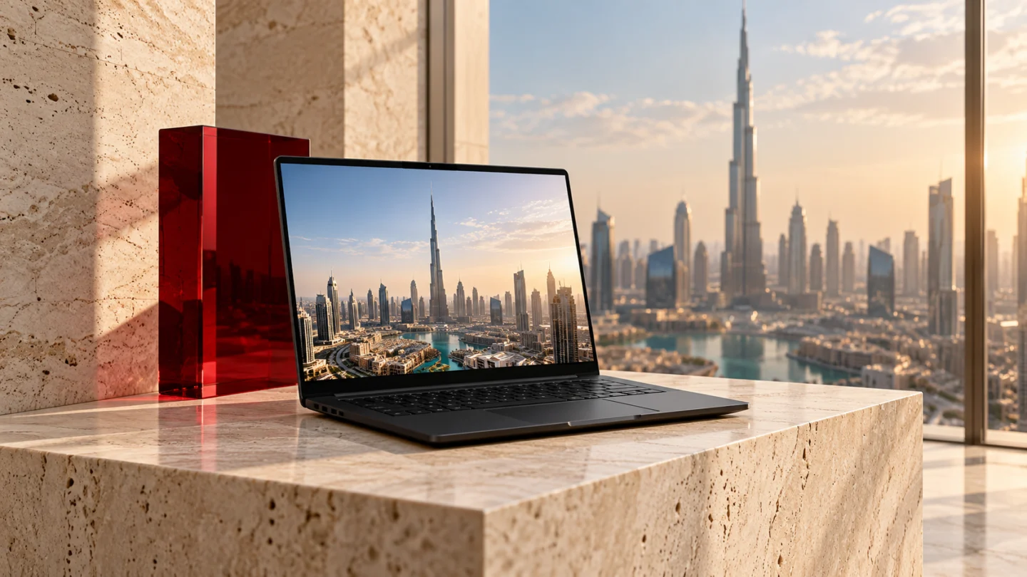Laptop with Dubai skyline on a travertine desk