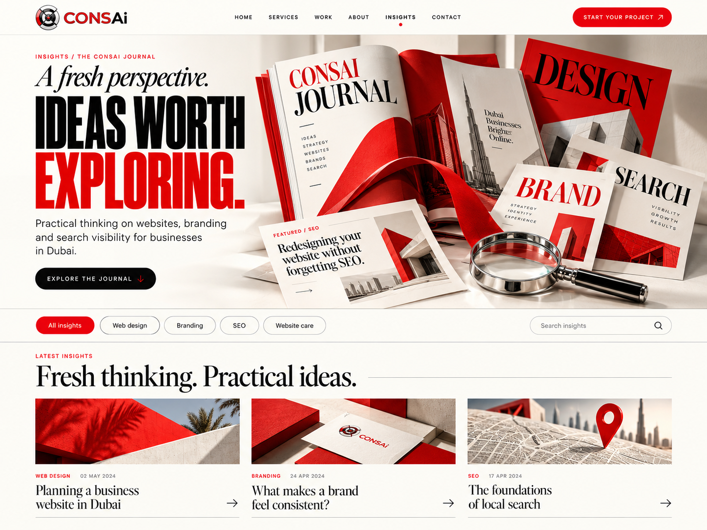CONSAI Journal: red and ivory design, brand and search magazines with a chrome magnifying glass.