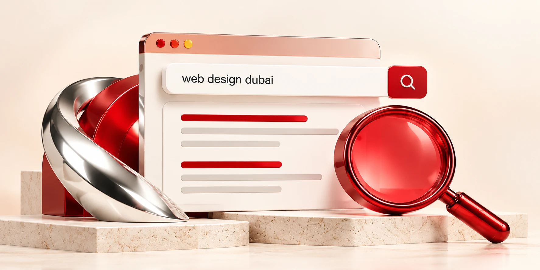 Search visibility illustration with red magnifying glass