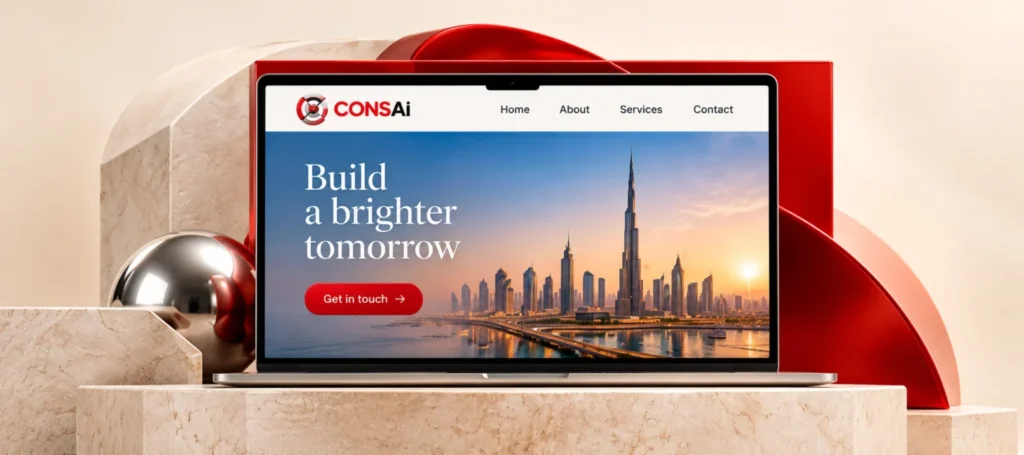 CONSAI website design displayed on a laptop with Dubai skyline