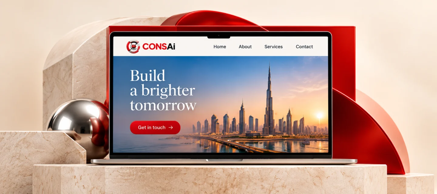 CONSAI website design displayed on a laptop with Dubai skyline