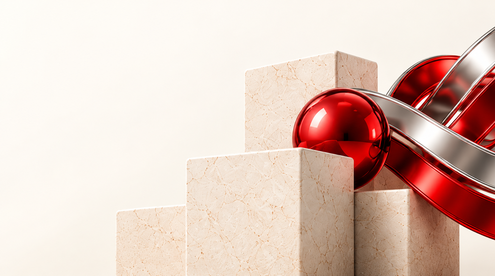 Red glass orb and chrome ribbon on ivory stone