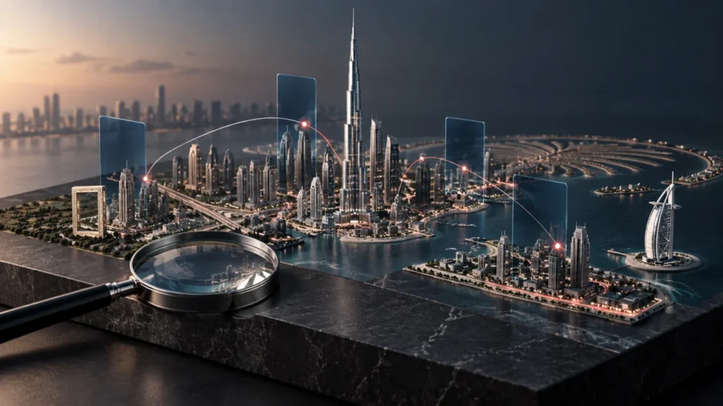 Conceptual Dubai business research network with blue glass data elements and a magnifying lens