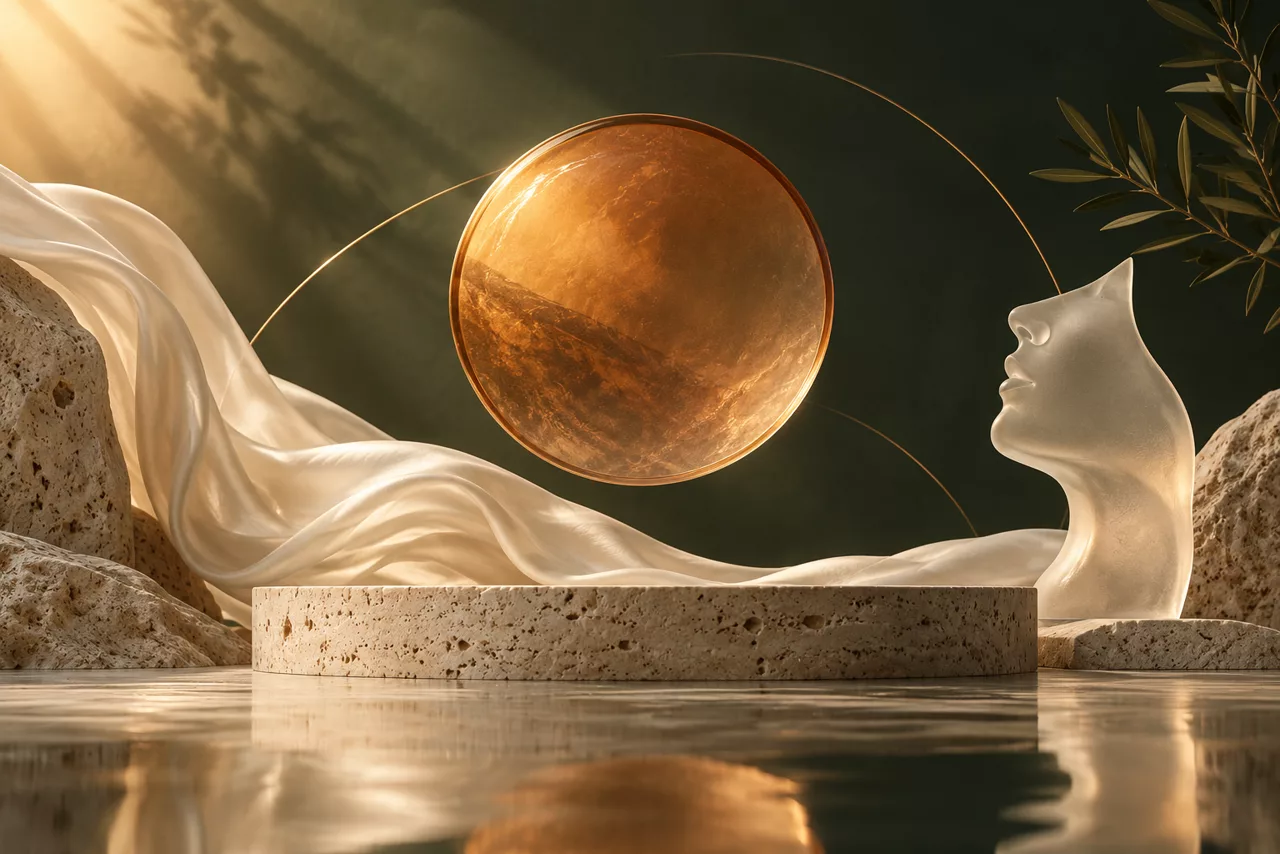 Conceptual SOLAÉ artwork with an amber sun, ivory sculpture and warm light against deep green