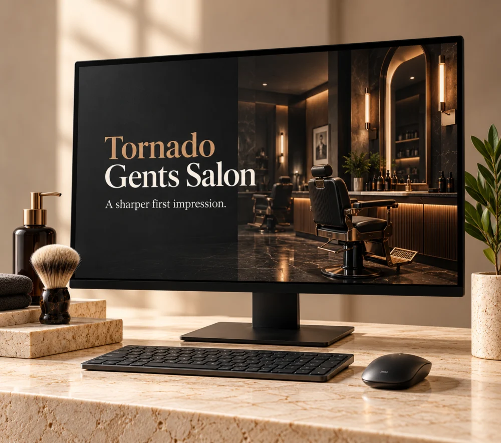 Tornado Gents Salon illustrative website concept on devices