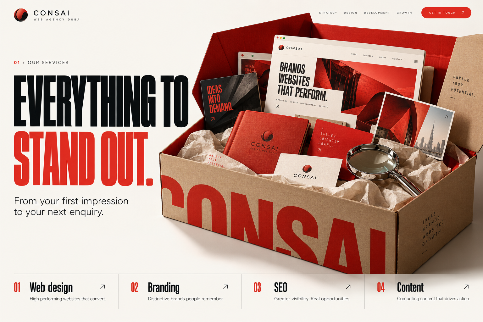 CONSAI creative package with website designs, brand stationery and a magnifying glass.